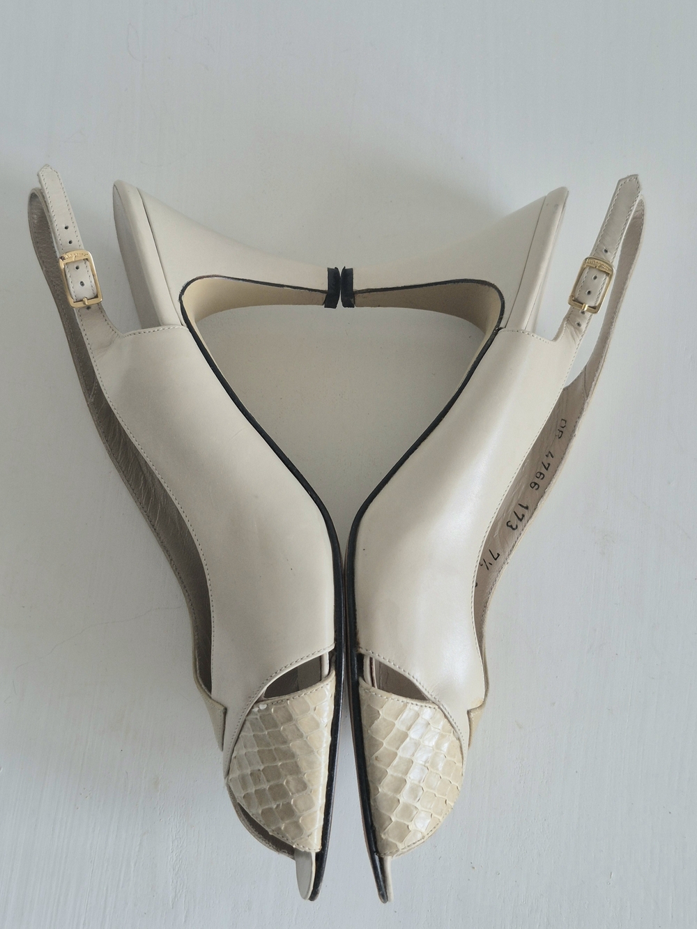 Salvatore Ferragamo Two-Tone Beige & Cream Peep-Toe Slingback Heels - Picture 8 of 12